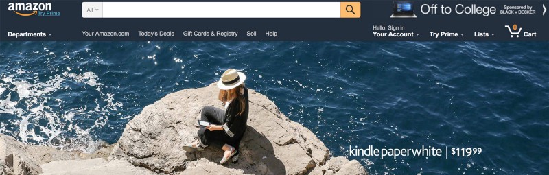 Amazon uses the typeface and colors that match those used in the global navigation, so the hero appears to be part of the site content rather than a pushy advertisement.